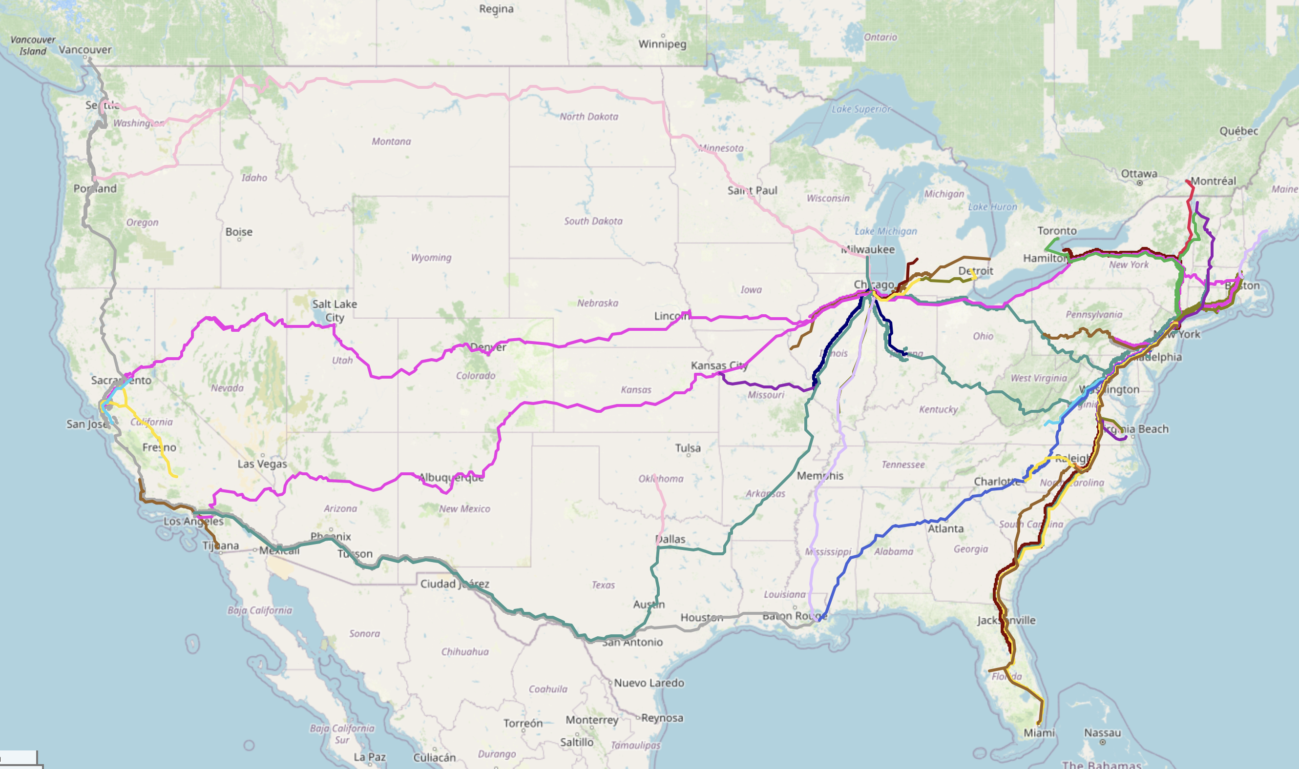Map of United States with Amtrak routes.